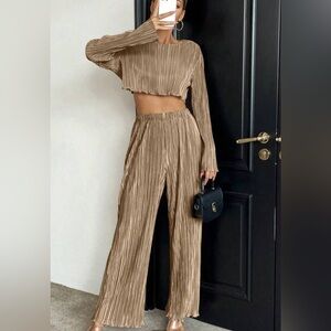 SHEIN Tan Pleated Two-Piece Set